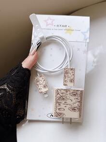4pcs Vintage Line Floral Design Charging Head Protector Case, Data Cable Organizer Compatible With 20W Charger For IPhone 15 Pro Max, 17 Pro Max, 16 Pro Max, 11, 12, 13, 14 Pro Max, Fashionable - Apricot - View 2