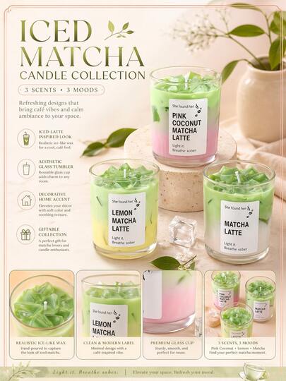 Nến thơm hương trà xanh matcha đá, được làm từ sáp đậu nành và sáp gel, có hình dạng trà xanh và vani (trà xanh matcha đá), thích hợp cho bữa tối lãng mạn, trang trí nhà cửa sang trọng, đạo cụ chụp ảnh, tiệc tùng, ngày Valentine, quà tặng lý tưởng, sử dụng hàng ngày, quà tặng đám cưới, dã ngoại và trang trí bàn tiệc ngày lễ.