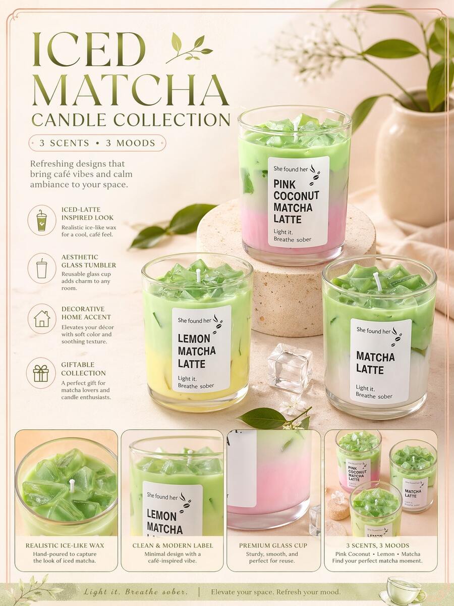 Ice Matcha Latte Scented Candle, Ice Matcha Scented Candle, Made Of Soy Wax And Gel Wax In Shape - Green Tea And Vanilla (Ice Matcha Latte), Suitable For Romantic Dinner, Stylish Home Decor, Photography Props, Party, Valentine's Day, Ideal Gift, Daily Use, Wedding Favors, Picnic Gathering And Holiday Table Decoration