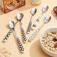 5/10pcs Geometric Pattern Ceramic Handle Stainless Steel Cutlery Set, Polished Surface Tableware With Dessert Spoon, Coffee Spoon, Small Spoon, Small Fork And Fruit Fork - Multicolor - View 2