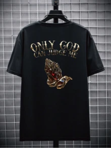 Men's Plus Size Spring/Summer Creative Hand-Drawn English Graphic Print Casual Commuter Crew Neck Short Sleeve T-Shirt - Black - View 2