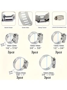 15 件套 304 不锈钢软管卡箍套装，蜗轮蜗杆式，可调范围 1/4" - 1-1/8" (6-29 毫米)，耐用金属卡箍，适用于管道、增压空气冷却器、管道、软管和燃油管路。 - 15個裝 - 查看 4