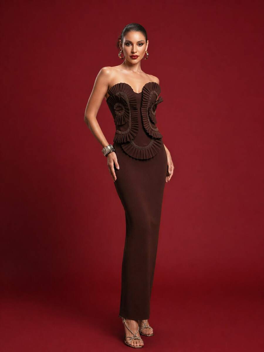 Bernatova Elegant Strapless Long Cocktail Dress For Women, Featuring Intricate Embroidery And Ruffle Trim, And Distinctive. Party Wedding Fall - Coffee Brown - View 1