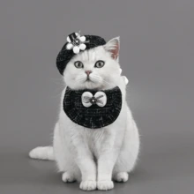 1 Set Cat & Dog Beret Hat & Bib 2 Pieces Set, Style Tweed Pet Accessories, Small/Medium Cat & Dog Birthday Party Costume, Photography Props Gift Box - Black - View 6