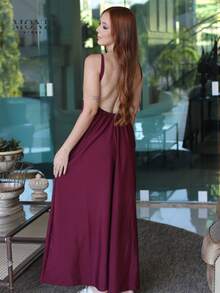 Women's Backless Dress With Long, Loose Neckline And Thin Straps - 紅木色 - 查看 2
