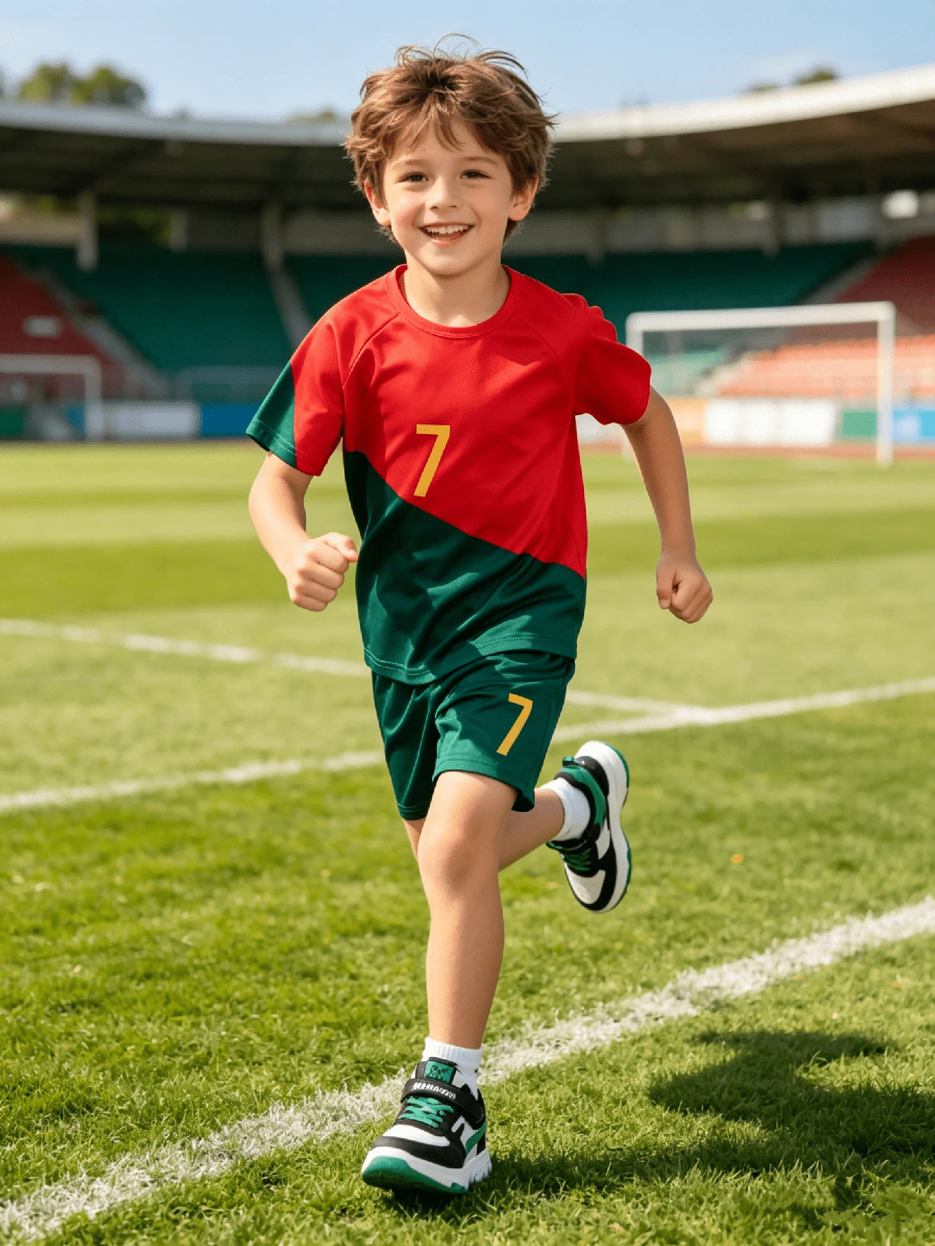 Tween Boy 2pcs Summer Football Sports Jersey Set - Round Neck Colorblock Printed T-Shirt + Drawstring Waist Plain Shorts, Comfortable Soft Breathable Moisture Wicking Fabric For Outdoor Activities & Training - Red - View 1
