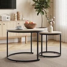 Set Of Two Nested Coffee Tables, Oak Veneer, Round Coffee Table 60 Cm Diameter, Metal Frame, Modern Style, Ideal For Living Room, Bedroom, Balcony - Beige - View 8