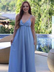 Women's Backless Dress With Long, Loose Neckline And Thin Straps - 淺藍色 - 查看 3