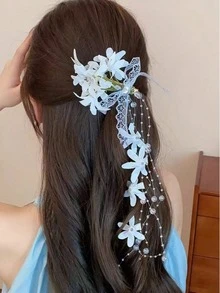 1 pieza Clip para el cabello con lazo de cuentas y borla de lirio del valle etéreo, pasador para flequillo lateral de mujer, accesorio para el cabello de verano, pinza deslizante, pinzas de garra - Blanco - Ver 6