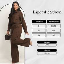 Women's Linen Set - Pants And Shirt With Buttons - Rust Brown - View 3