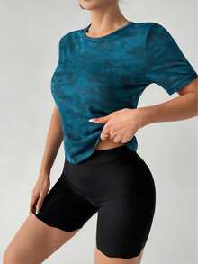Women's Sports T-Shirt - Running Yoga Training Top - Stretchy Fitness Blouse (Machine Washable), Backless Design, Running Apparel Summer - Navy Blue - View 4
