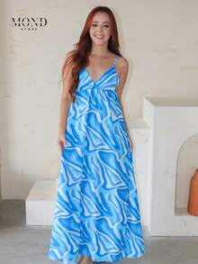 Women's Backless Loose-Fitting Long Dress With A V-Neck And Thin Straps - 藍圖 - View 4