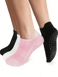 3 Pairs Of Yoga Socks For Women, Non-Slip, Suitable For All Seasons, Short Pilates Dance Workout Socks, Black, White, Pink, Gym, Fall - Multicolor - View 5
