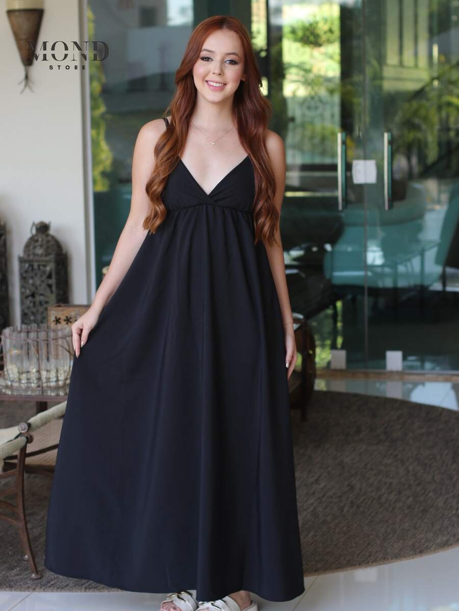 Women's Backless Loose-Fitting Long Dress With A V-Neck And Thin Straps - 黑色的 - 查看 1