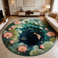 Round 3D Lotus Koi Fish Area Rug, Embossed Effect Water Lily Leaf Zen Garden Circular Floor Mat, Oriental Deep Pond Lucky Carp Non-Slip Soft Carpet, Washable Large Rug For Living Room Bedroom Home Feng Shui Aesthetic Decor - 彩色 - 查看 1