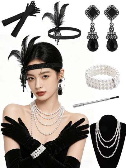 Bộ phụ kiện 7 món phong cách thanh lịch và gợi cảm thập niên 1920 dành cho nữ, phụ kiện retro cao cấp phù hợp cho tiệc độc thân, dạ hội hóa trang, bao gồm mũ đội đầu lông vũ, vòng cổ ngọc trai, vòng tay, găng tay và phụ kiện váy dự tiệc. Bộ trang phục và phụ kiện phong cách cổ điển này dành cho nữ bao gồm mũ đội đầu, vòng cổ ngọc trai retro, găng tay, bông tai đính đá và mũ đội đầu dự tiệc, rất phù hợp cho các quý cô diện.