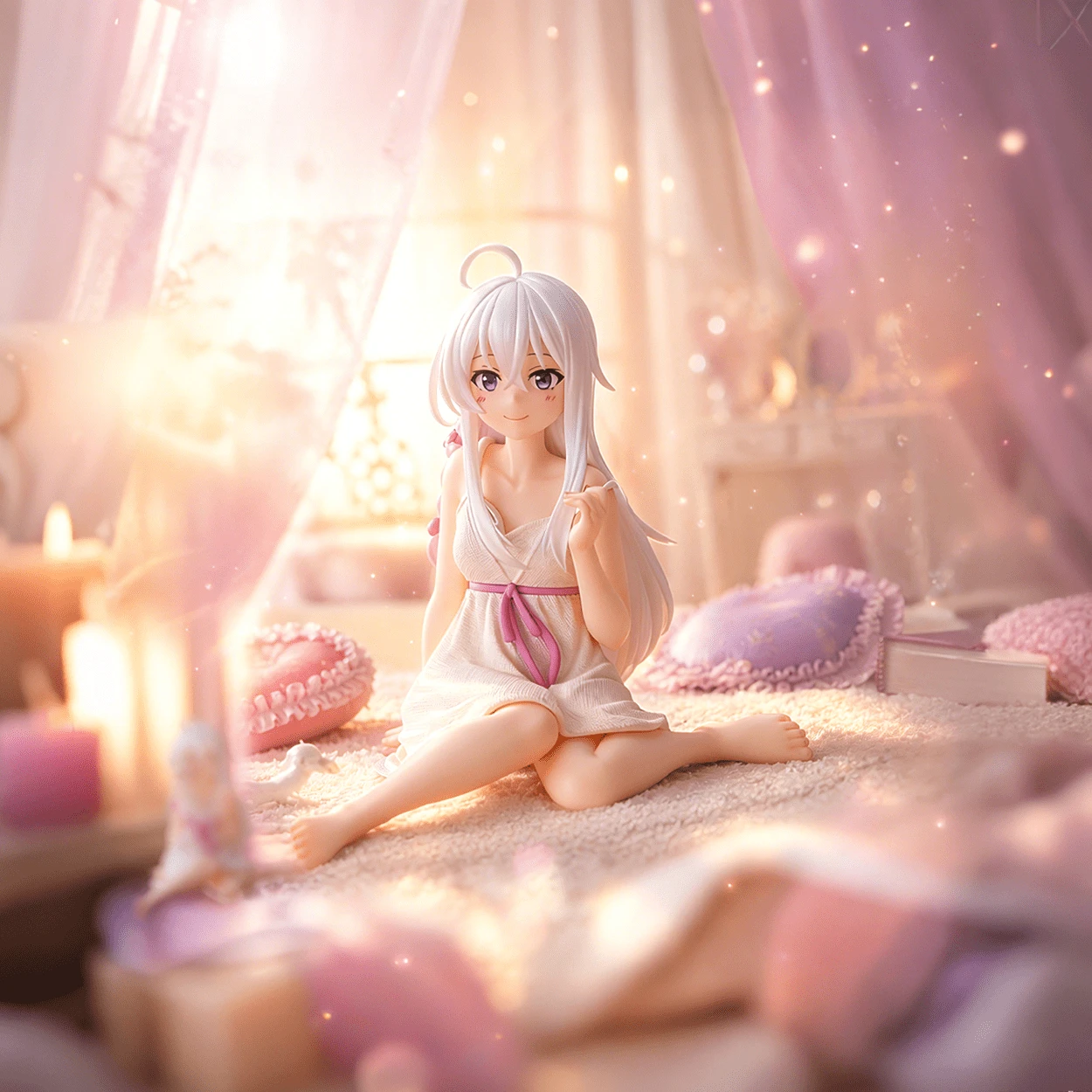 1pc 3.7 Inch Anime Girl Figurine, PVC Soft Material White Hair Falling Dress With Pink Belt, High Fidelity Collectible Model Toy, Unique Birthday Gift For Anime Fans, Desktop Decor