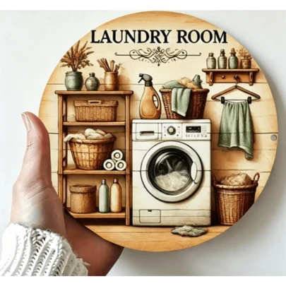 Biển hiệu kim loại hình tròn cho phòng giặt, trang trí tường hình máy giặt phong cách trang trại cổ điển, bảng thiếc mộc mạc với thiết kế dụng cụ giặt giũ, tranh treo tường phong cách retro cho phòng giặt, phòng tắm và trang trí nhà cửa.