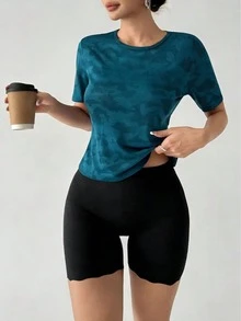 Women's Sports T-Shirt - Running Yoga Training Top - Stretchy Fitness Blouse (Machine Washable), Backless Design, Running Apparel Summer - Navy Blue - View 2