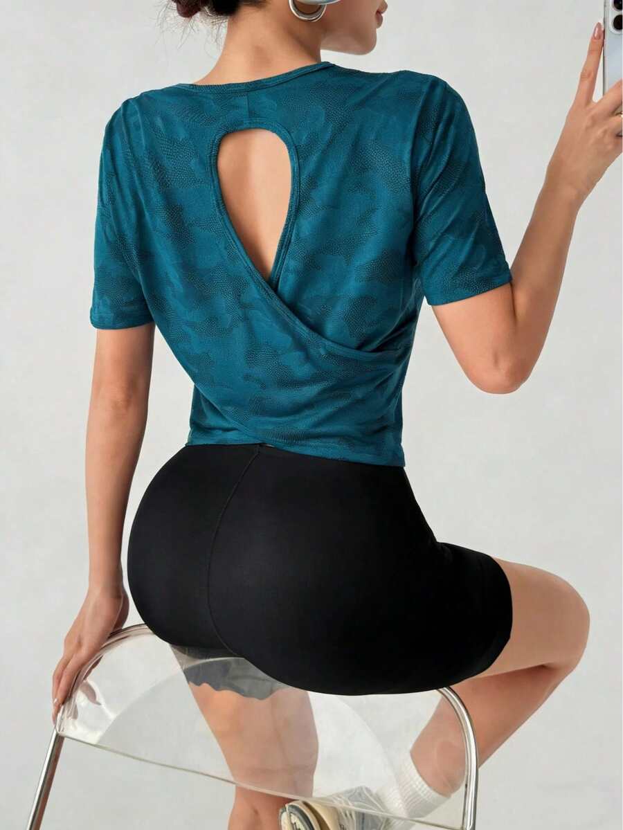 Women's Sports T-Shirt - Running Yoga Training Top - Stretchy Fitness Blouse (Machine Washable), Backless Design, Running Apparel Summer - Navy Blue - View 1