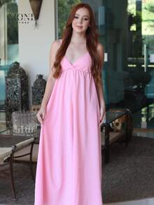Women's Backless Dress With Long, Loose Neckline And Thin Straps - 淺粉色 - 查看 5