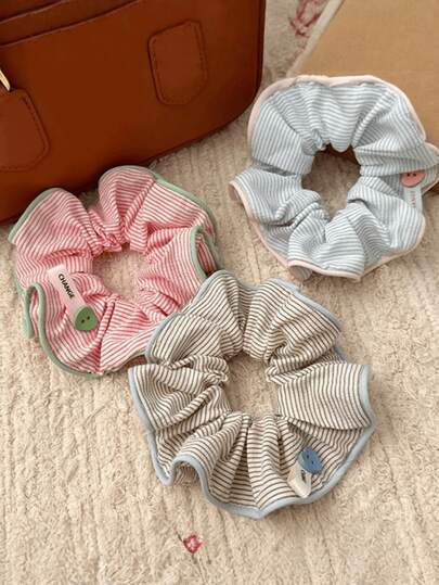 Striped Cotton Hair Scrunchies Set, With Cute Buttons & Wavy Elastic Hair Ties, Minimalist Casual Style Scrunchies, Suitable For Ponytail, Half-Up, Daily Wear, Office