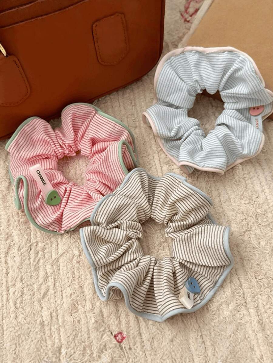 Bộ dây buộc tóc bằng cotton kẻ sọc, có cúc xinh xắn và dây chun uốn lượn, kiểu dáng tối giản, phù hợp cho tóc đuôi ngựa, tóc buộc nửa đầu, sử dụng hàng ngày và đi làm. - Nhiều màu - Xem 1
