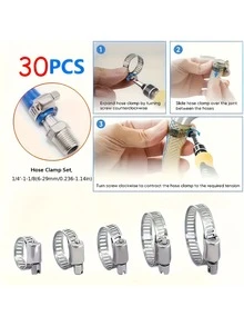 30 件套不锈钢 304 软管卡箍套装，蜗轮蜗杆式，可调范围 1/4" - 1-1/8" (6-29 毫米)，耐用金属卡箍，适用于管道、增压空气冷却器、管道、软管和燃油管路。 - 三十個裝 - 查看 7