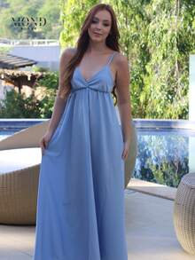 Women's Backless Dress With Long, Loose Neckline And Thin Straps - 淺藍色 - 查看 1