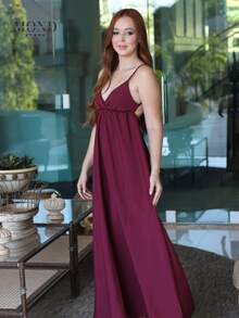 Women's Backless Dress With Long, Loose Neckline And Thin Straps - 紅木色 - 查看 1