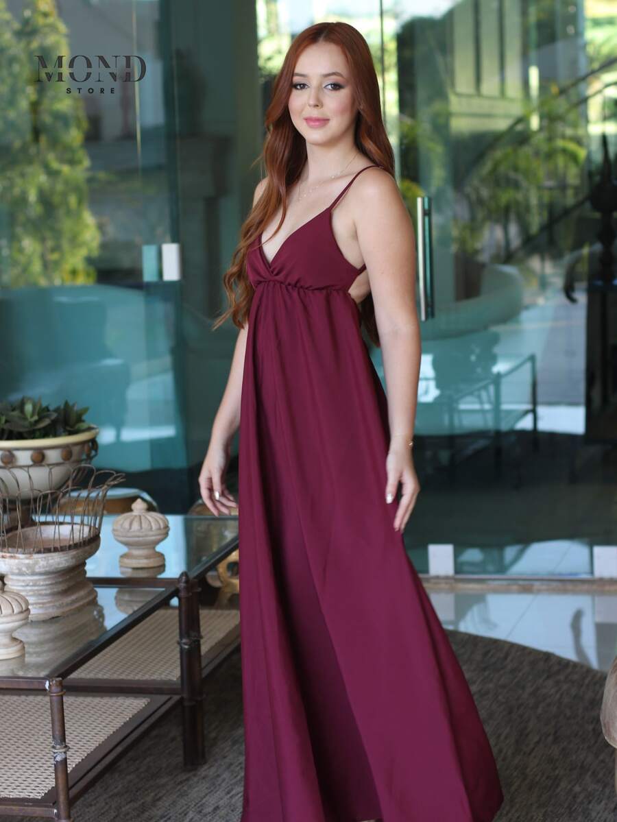 Women's Backless Dress With Long, Loose Neckline And Thin Straps - 紅木色 - 查看 1