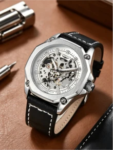 LONGLUX 1 pieza Reloj de pulsera casual para hombres con correa de cuero, automático, mecánico, hueco y resistente al agua - Negro - Ver 3