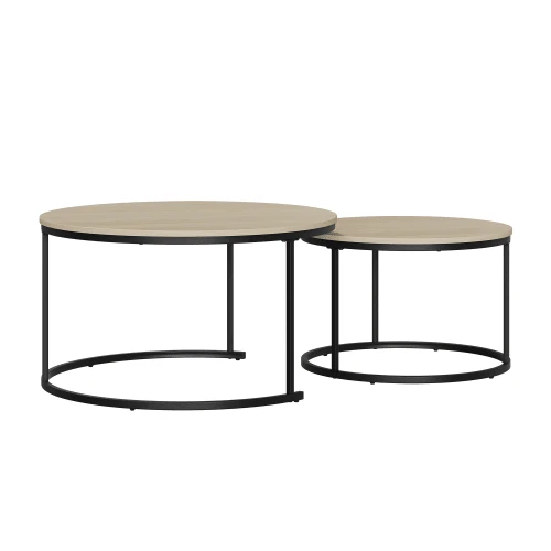 Juego de dos mesas de centro apilables, chapadas en roble, mesa de centro redonda de 60 cm de diámetro, estructura metálica, estilo moderno, adecuadas para salón, dormitorio o balcón. - Albaricoque 2 - Ver 9