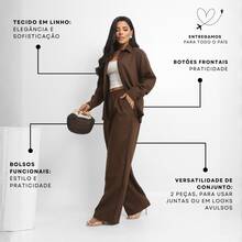 Women's Linen Set - Pants And Shirt With Buttons - Rust Brown - View 4