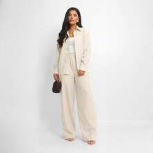 Women's Linen Set - Pants And Shirt With Buttons - Beige - View 1