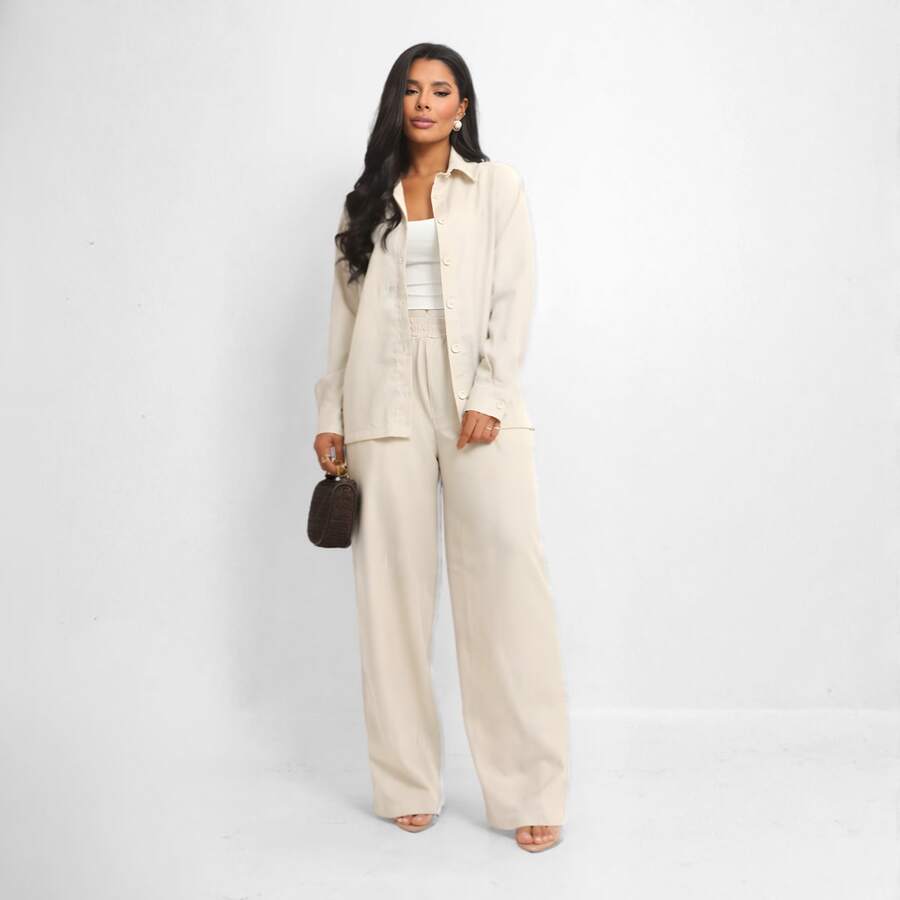 Women's Linen Set - Pants And Shirt With Buttons - Beige - View 1