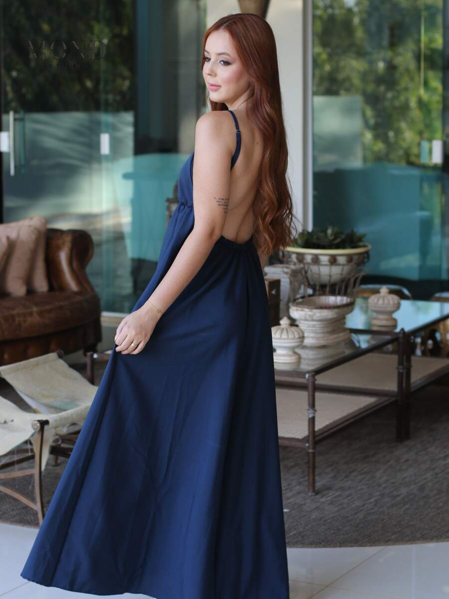 Women's Backless Loose-Fitting Long Dress With A V-Neck And Thin Straps - Xanh nước biển - Xem 1