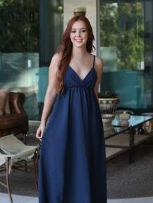 Women's Backless Loose-Fitting Long Dress With A V-Neck And Thin Straps - Xanh nước biển - Xem 3