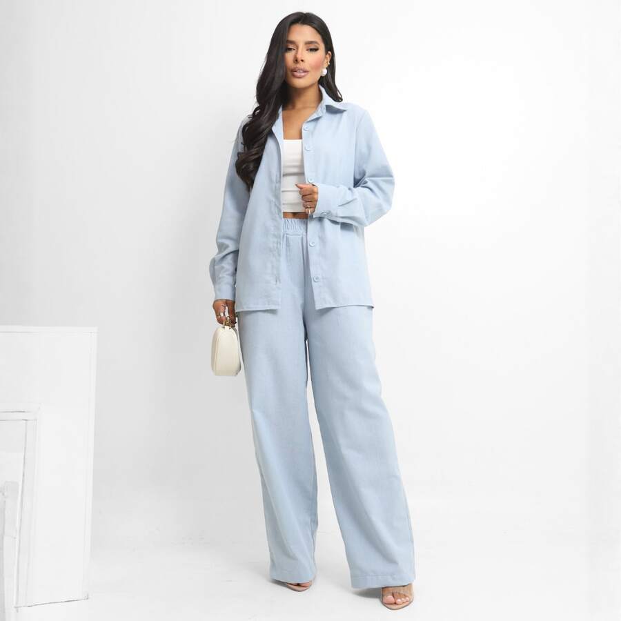 Women's Linen Set - Pants And Shirt With Buttons - Baby Blue - View 1