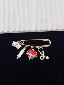 1pc Creative Medical Theme Safety Pin Brooch With Nurse Cap, Syringe, ECG Heartbeat & Stethoscope Charms, Perfect For Bag & Clothing Decoration, Ideal Gift For Nurse's Day/Thank You - Multicolor - View 3