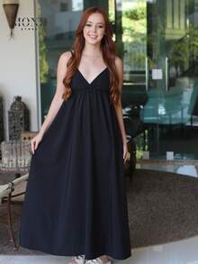 Women's Backless Loose-Fitting Long Dress With A V-Neck And Thin Straps - 黑色的 - 查看 6