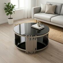 Modern Black Glass Coffee Table, Luxury Living Room Tables With Double Glass Top, Round Coffee Table With Gold Steel Base, Sofa Side Table With Round Glass Top, Coffee Table For Living Room/Home/Office - Silver - View 9