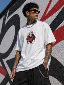 Men's Gothic Punk Skull Graphic Loose T-Shirt, Street Style Short Sleeve Top For Summer - White - View 2
