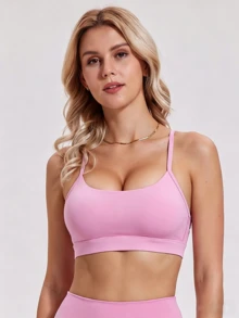 Women's Thin Strap Round Neck Sports Bra - Pink - View 3