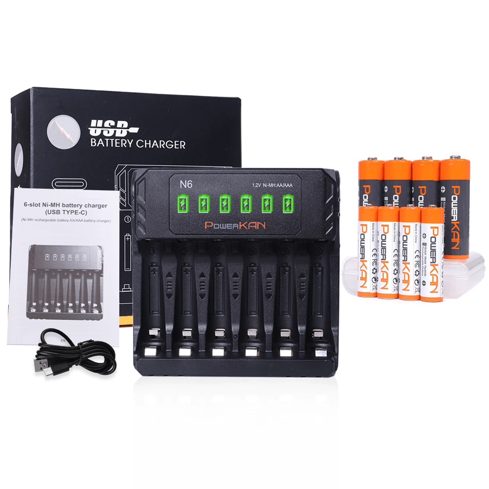 POWERKAN 可充电套装:6槽智能充电器 + 8节1.2V镍氢AA/AAA可充电电池,1000次循环寿命,适用于玩具、遥控器和家用电子产品的高性能解决方案 - 是 - 查看 1