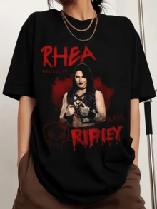 Unisex T-Shirt Rhea Ripley Softstyle Crew-Neck, Printed Men's Fashion Short-Sleeved Sports T-Shirt - 黑色 - 查看 6