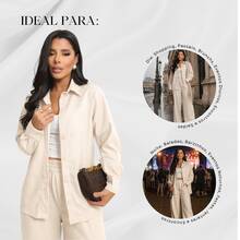 Women's Linen Set - Pants And Shirt With Buttons - Màu be - Xem 5
