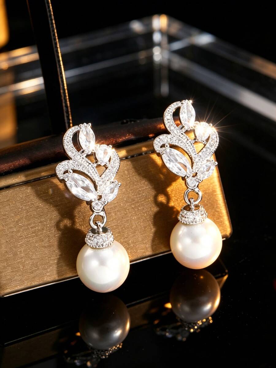 1 par de pendientes de perlas falsas en forma de lágrima de alta calidad para novias, joyería de boda para novia y dama de honor - Plateado - Ver 1