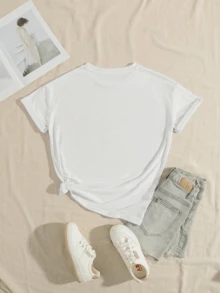 Women's Cat Print Short Sleeve T-Shirt, Round Neck Knit Fabric Top, Regular Length Casual - White - View 2