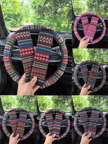3 buah Sarung Setir Universal 15 Inci Gaya Bohemian dari Linen Tenun + 2 buah Set Sabuk Pengaman, Aksesori Dekorasi Interior Mobil Anti Selip dan Nyaman, Cocok untuk Wanita dan Pria (5 Warna) - Gaya retro - View 2